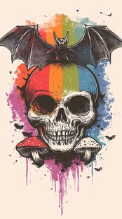 彩虹骷髅与蝙蝠奇幻插画
