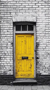 复古黄门立于灰白砖墙