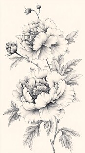 黑白牡丹花卉线描图