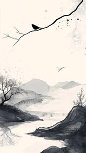 水墨山水间的静谧鸟影