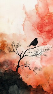 孤鸟栖枝于绚烂水墨间