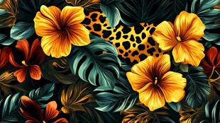 热带花卉豹纹图案背景