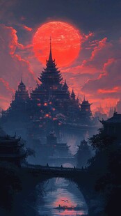 梦幻红月下的神秘古建筑