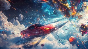 红色跑车穿梭梦幻星云间