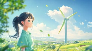 女孩望风车 田园好风光