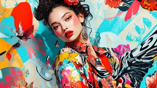 时尚艳丽花卉风美妆模特