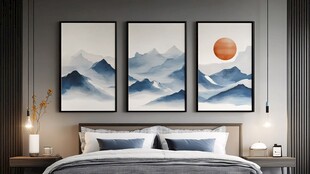 新中式山水挂画卧室装饰