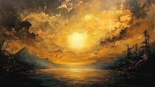 壮丽黄昏下的山水飞鸟图景