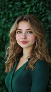 绿衣卷发的美丽年轻女子