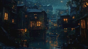 梦幻雨夜中的古雅水乡夜景
