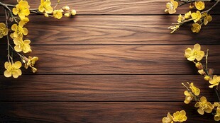 木质背景上的黄色春花