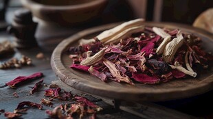 木盘上的多彩干花与药材