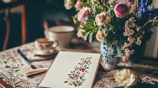 桌前插花与手绘的惬意时光