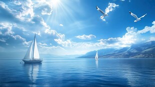 海上帆船与翱翔海鸥美景