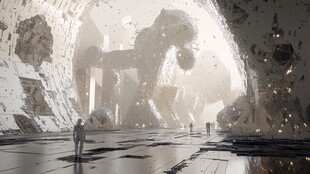 未来洞穴中的巨型机械与人