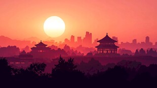 夕阳下的城市与古典建筑