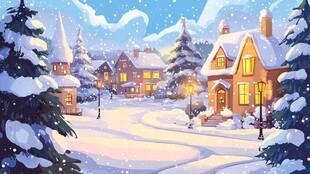 冬日雪中小镇温馨景象