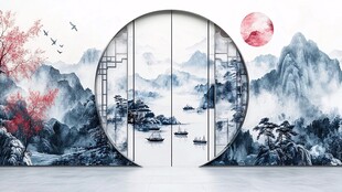 中式山水圆门诗意景致