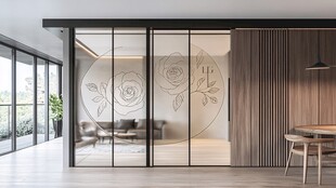 现代简约玫瑰图案玻璃隔断