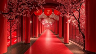 中式红廊繁花喜庆美景