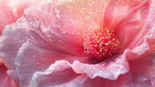 娇艳粉花绽露晶莹水珠