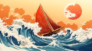 红日下帆船破浪前行