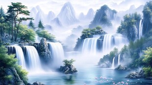 梦幻山水间的壮丽瀑布景观