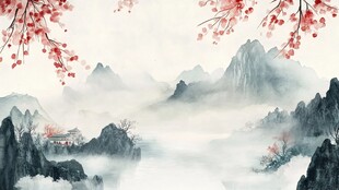 水墨山水红梅图