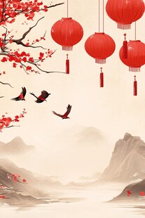 红灯笼下飞鸟伴山水春景