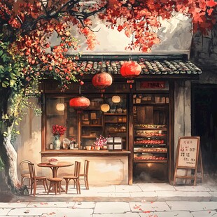 古街红叶下的温馨糕点铺