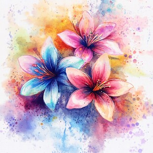 水彩绘三色烂漫百合花