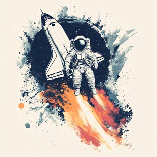 宇航员乘火箭升空奇幻画