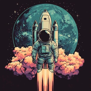 宇航员乘火箭飞向浩瀚宇宙