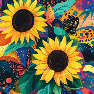 缤纷向日葵与蝴蝶插画