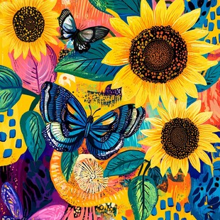向日葵与蝴蝶的梦幻插画
