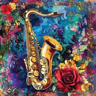 金色萨克斯与繁花艺术图景