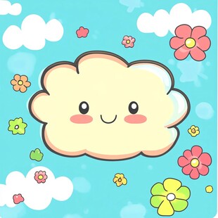 可爱云朵与缤纷花朵插画