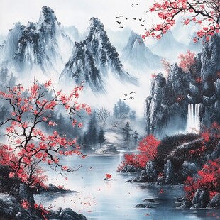 水墨山水间 红枫映江景