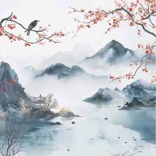 水墨山水间的花鸟春景