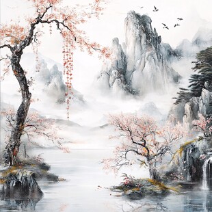 水墨山水间的烂漫花枝