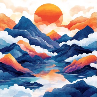 日落群山间的湖光山色