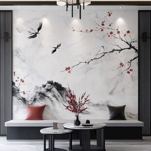 中式水墨花鸟客厅背景墙
