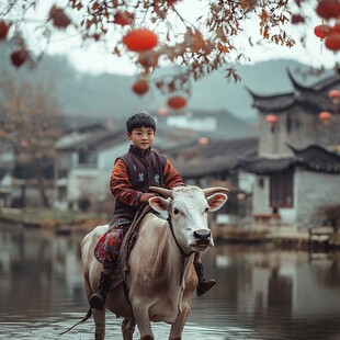 水乡少年骑牛赏红灯景