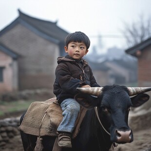 乡村孩童骑牛的温馨瞬间