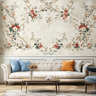 复古花卉墙纸装饰的客厅