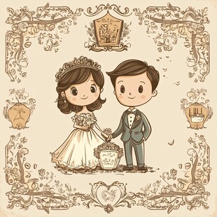 卡通风格新婚夫妇浪漫插画