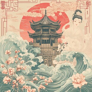 古风楼阁仕女与浪涌图景