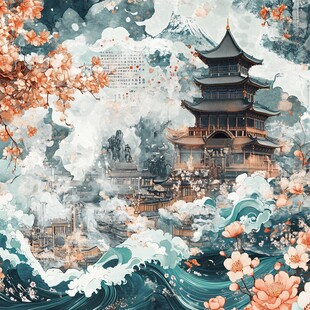 古风楼阁与浪花朵朵图景