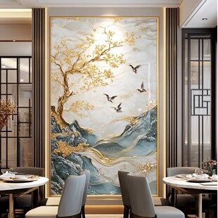 中式客厅的山水金树壁画