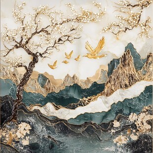 中式山水花鸟浮雕装饰画